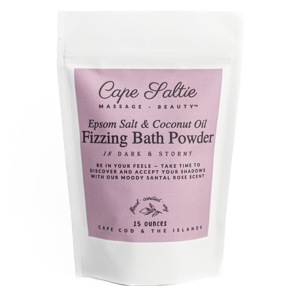 Rose Santal Dark & Stormy Bath Soak to soothe muscles. Fizzing Bath Soak, Natural Bath Powder, Bath Bomb, Cape Saltie Cape Cod Massage & Beauty, Muscle Relief. Cape Cod Massage therapist. Epsom Salt to relieve stress. Self Care. Best bath soak. Falmouth Massage Therapist.