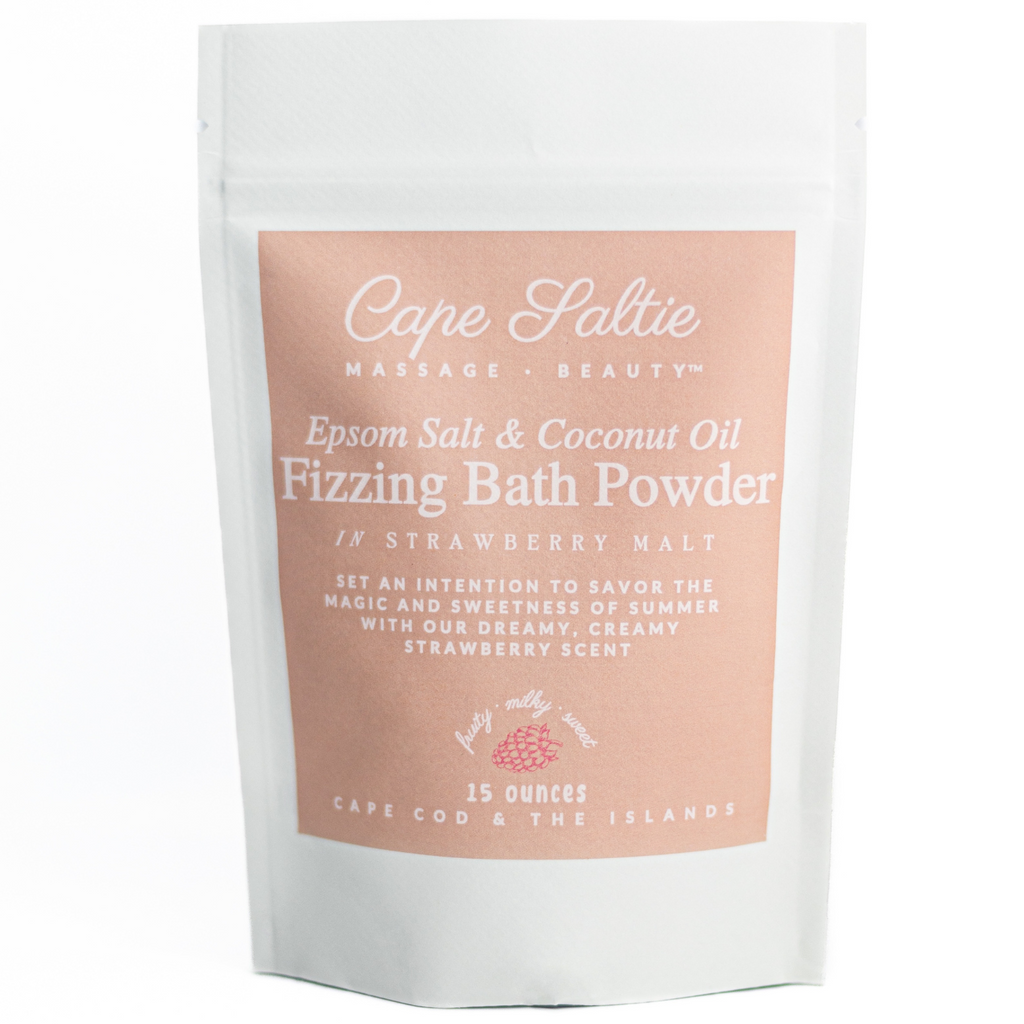 Pink Strawberry Bath Soak to soothe muscles. Fizzing Bath Soak, Natural Bath Powder, Bath Bomb, Cape Saltie Cape Cod Massage & Beauty, Muscle Relief. Cape Cod Massage therapist.