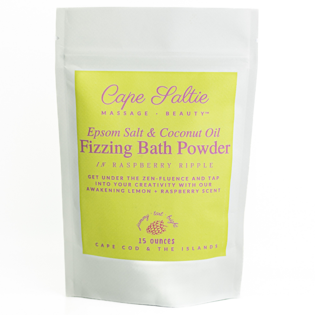 Raspberry and Lemon Bath Soak to soothe muscles. Fizzing Bath Soak, Natural Bath Powder, Bath Bomb, Cape Saltie Cape Cod Massage & Beauty, Muscle Relief. Cape Cod Massage therapist. Epsom Salt to relieve stress. Self Care. Best bath soak. 