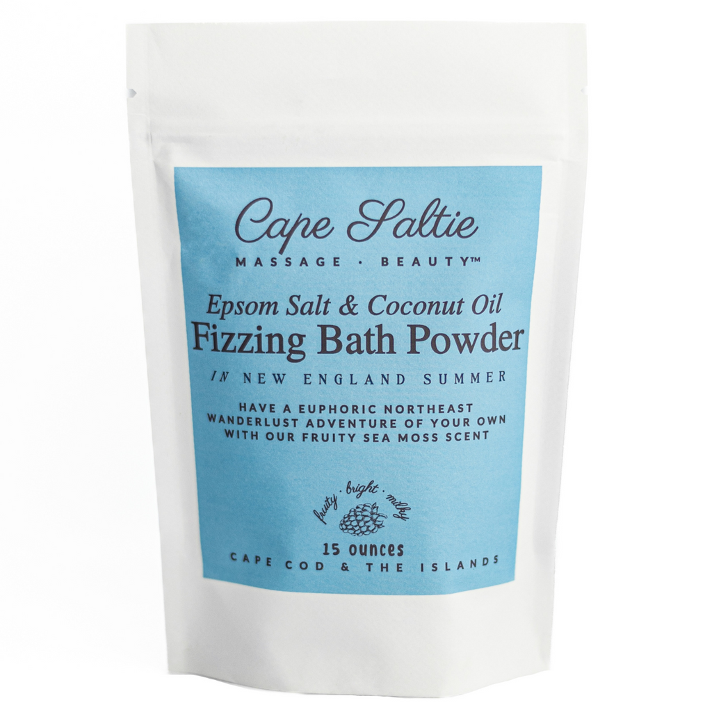 Bath Soak that smells like Fruity Pebbles Bath Soak to soothe muscles. Fizzing Bath Soak, Natural Bath Powder, Bath Bomb, Cape Saltie Cape Cod Massage & Beauty, Muscle Relief. Cape Cod Massage therapist. Epsom Salt to relieve stress. Self Care. Best bath soak. Falmouth Massage Therapist. New England Spa.