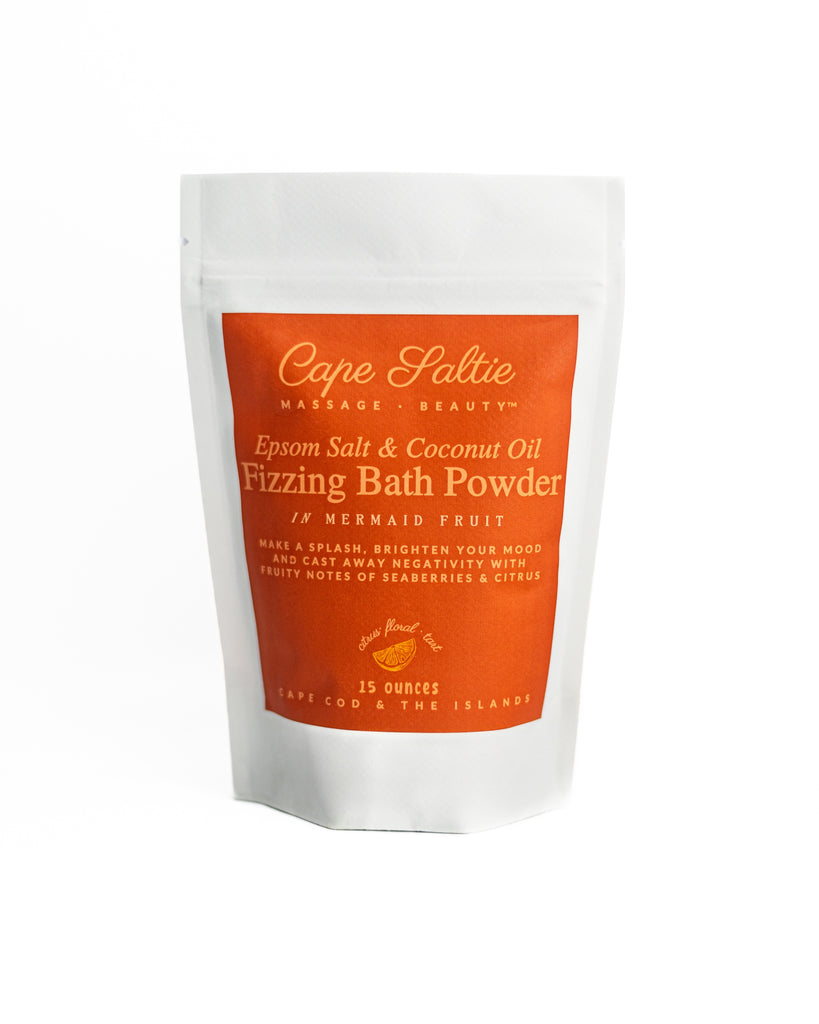 FIzzing bath powder, bath soak, bath bomb, cape saltie cape cod massage therapeutic muscle relief, foot soak, sitz, epsom salt