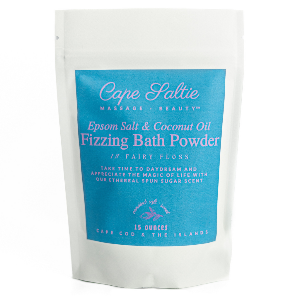 Cotton Candy & Lavender Bath Soak to soothe muscles. Fizzing Bath Soak, Natural Bath Powder, Bath Bomb, Cape Saltie Cape Cod Massage & Beauty, Muscle Relief. Cape Cod Massage therapist. Epsom Salt to relieve stress. Self Care. Best bath soak. Falmouth Massage Therapist.