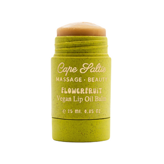 Cape Saltie's Flowerfruit Vegan Lip Oil Balm is the ultimate, best lip balm, lip gloss hybrid designed for bouncy hydration, glossy lips, and long-lasting moisture. This jumbo, supersized lip balm glides on like butter, offering a natural, sheer almost-pink tint that leaves your lips soft, supple, and tack-free. Infused with organic flavoring oils and a powerful blend of nourishing ingredients like grapeseed oil, organic coconut oil, sunflower seed oil, calendula flower, and mango seed butter, this vegan, g