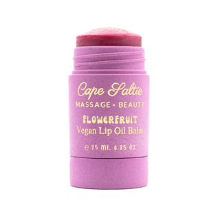 Cape Saltie's Flowerfruit Vegan Lip Oil Balm is the ultimate, best lip balm, lip gloss hybrid designed for bouncy hydration, glossy lips, and long-lasting moisture. This jumbo, supersized lip balm glides on like butter, offering a natural, sheer almost-pink tint that leaves your lips soft, supple, and tack-free. Infused with organic flavoring oils and a powerful blend of nourishing ingredients like grapeseed oil, organic coconut oil, sunflower seed oil, calendula flower, and mango seed butter, this vegan, g