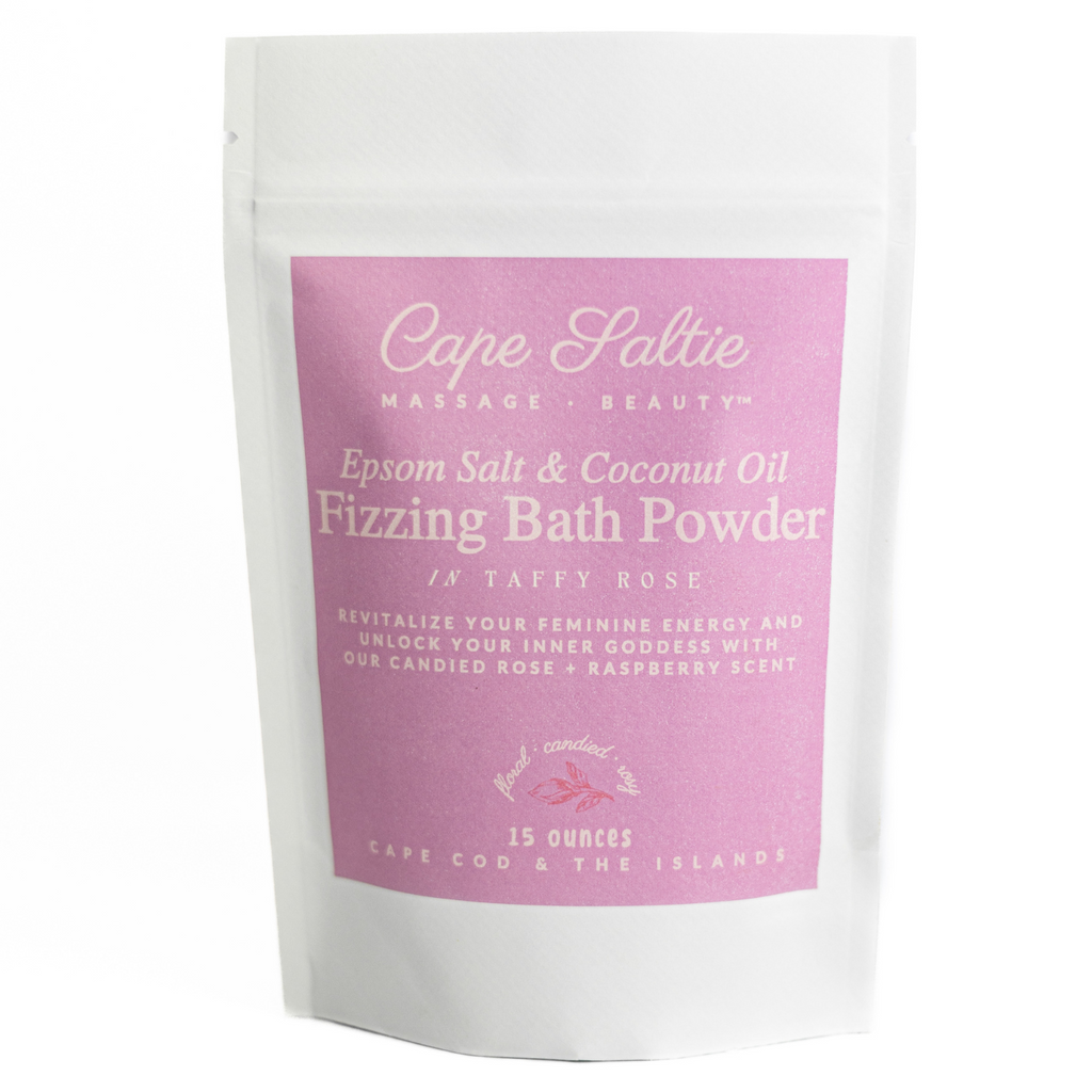 Pink Rose Candy Bath Soak to soothe muscles. Fizzing Bath Soak, Natural Bath Powder, Bath Bomb, Cape Saltie Cape Cod Massage & Beauty, Muscle Relief. Cape Cod Massage therapist.