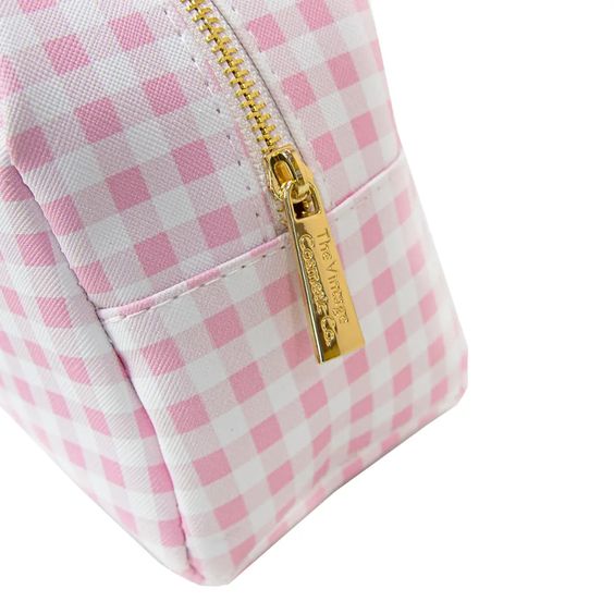 Travel Makeup Bag for Women Pink Checkered Cosmetic Pouch Vegan